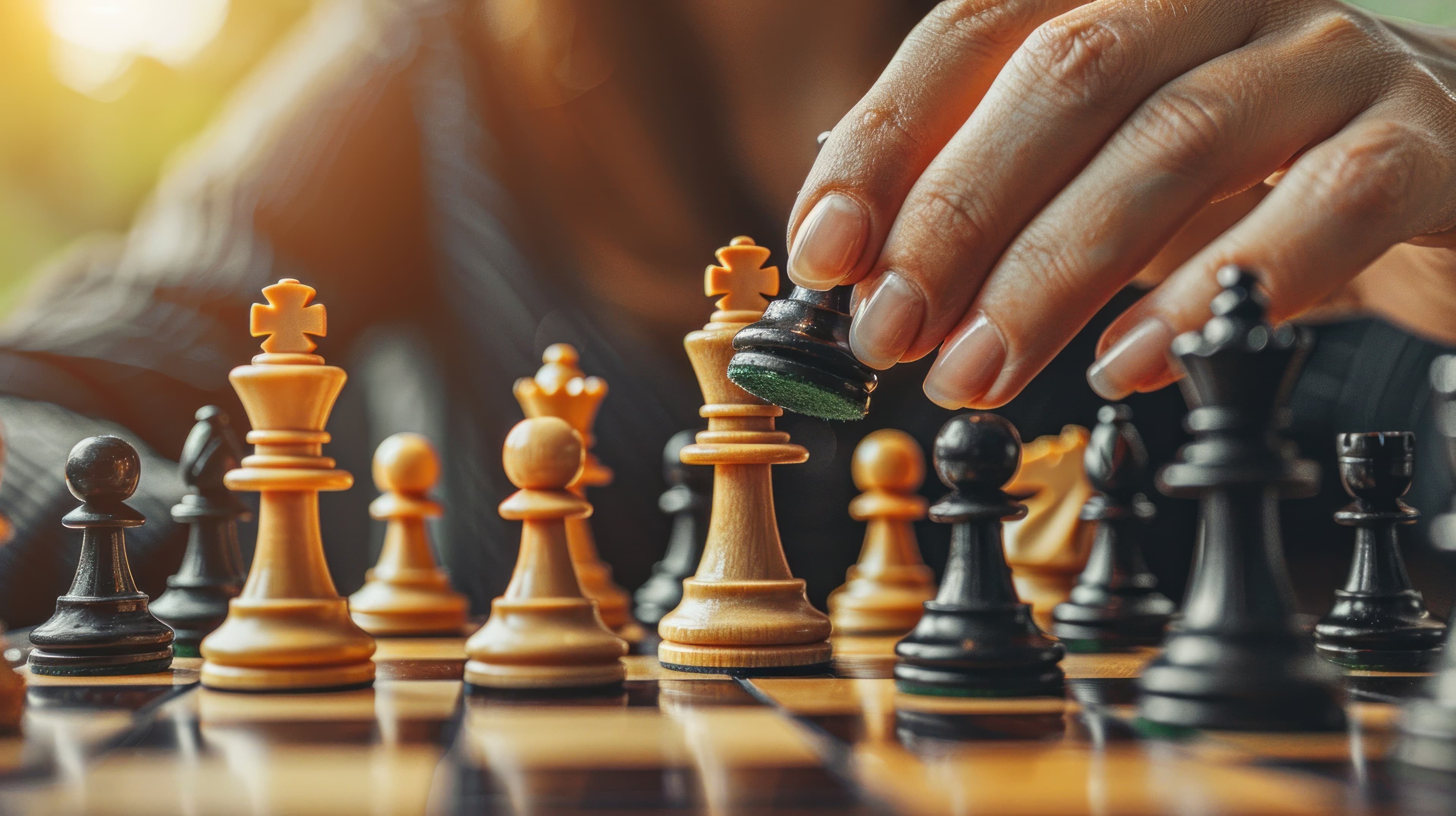 Close-up of hands on a chess board: strategic skill competition